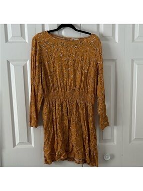 H&M Mustard Floral Long-Sleeve Smocked-Waist Dress